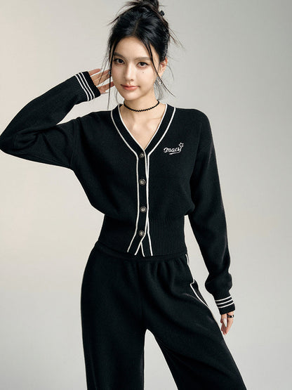 Black &amp; Off-white V-neck Knitted Cardigan Set