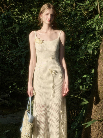 Solid Color Knitted Flower Pure White Dress