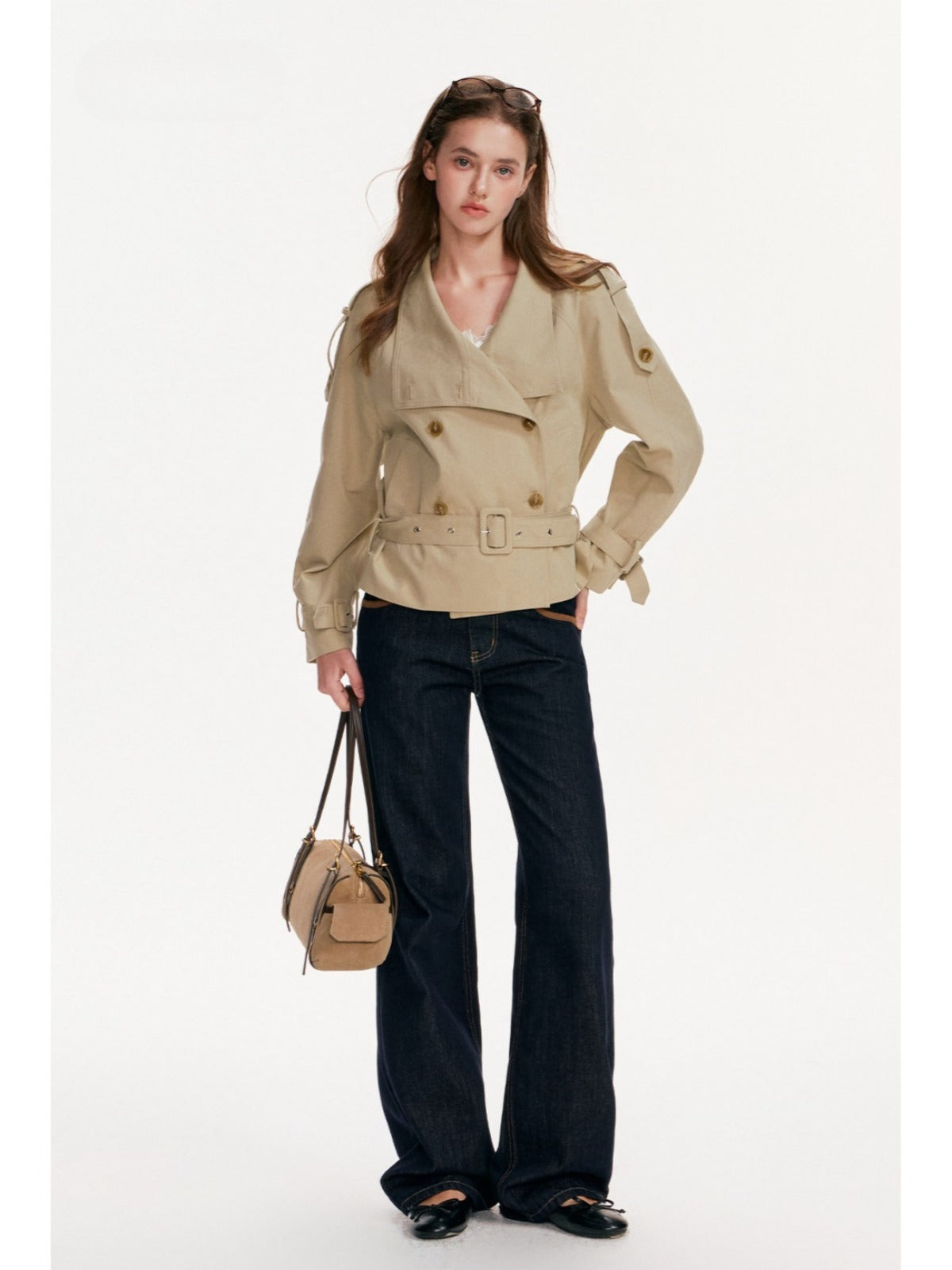 Double-Breasted Belted Cropped Trench Coat
