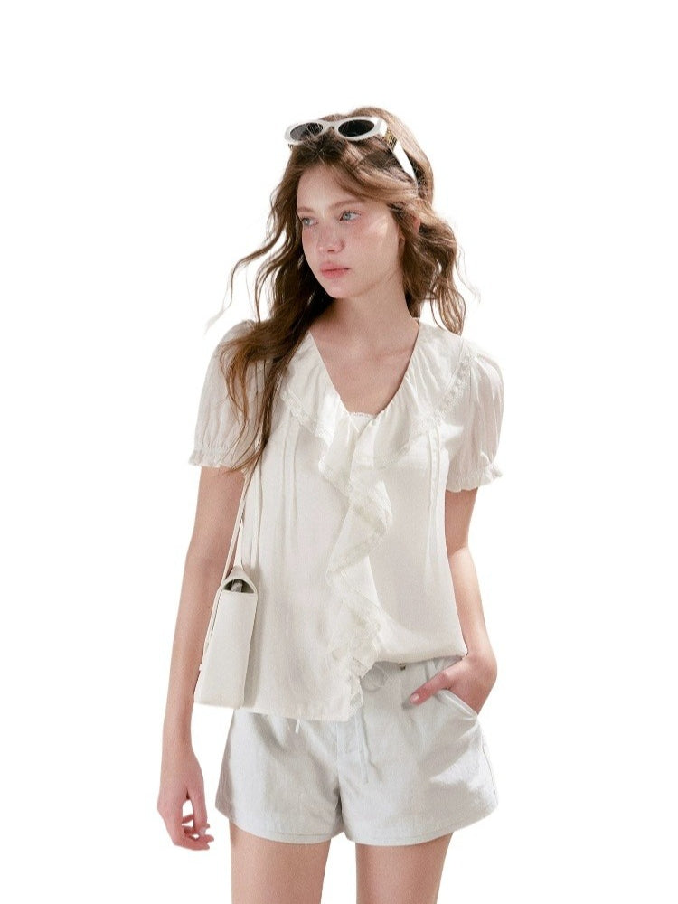 Lace Ruffle V-Neck Top