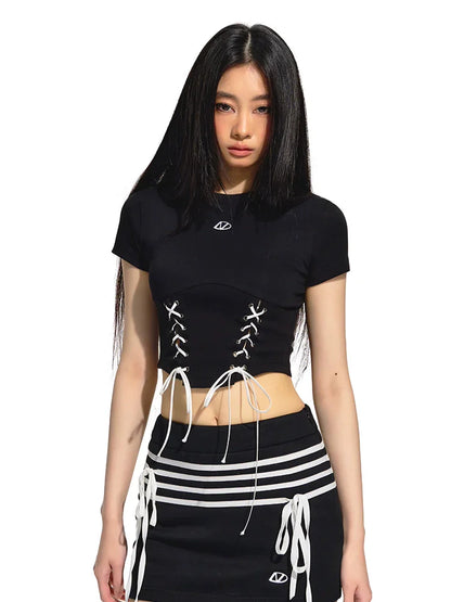 Color-Blocked Belted Straight-Shoulder Short Sleeve Top