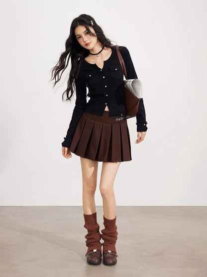 Plaid &amp; Brown Wool Pleated Mini Skirt