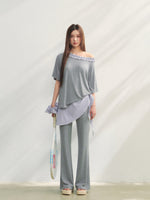Checkered Asymmetric Shoulder Short-Sleeve T-Shirt & Pants Set
