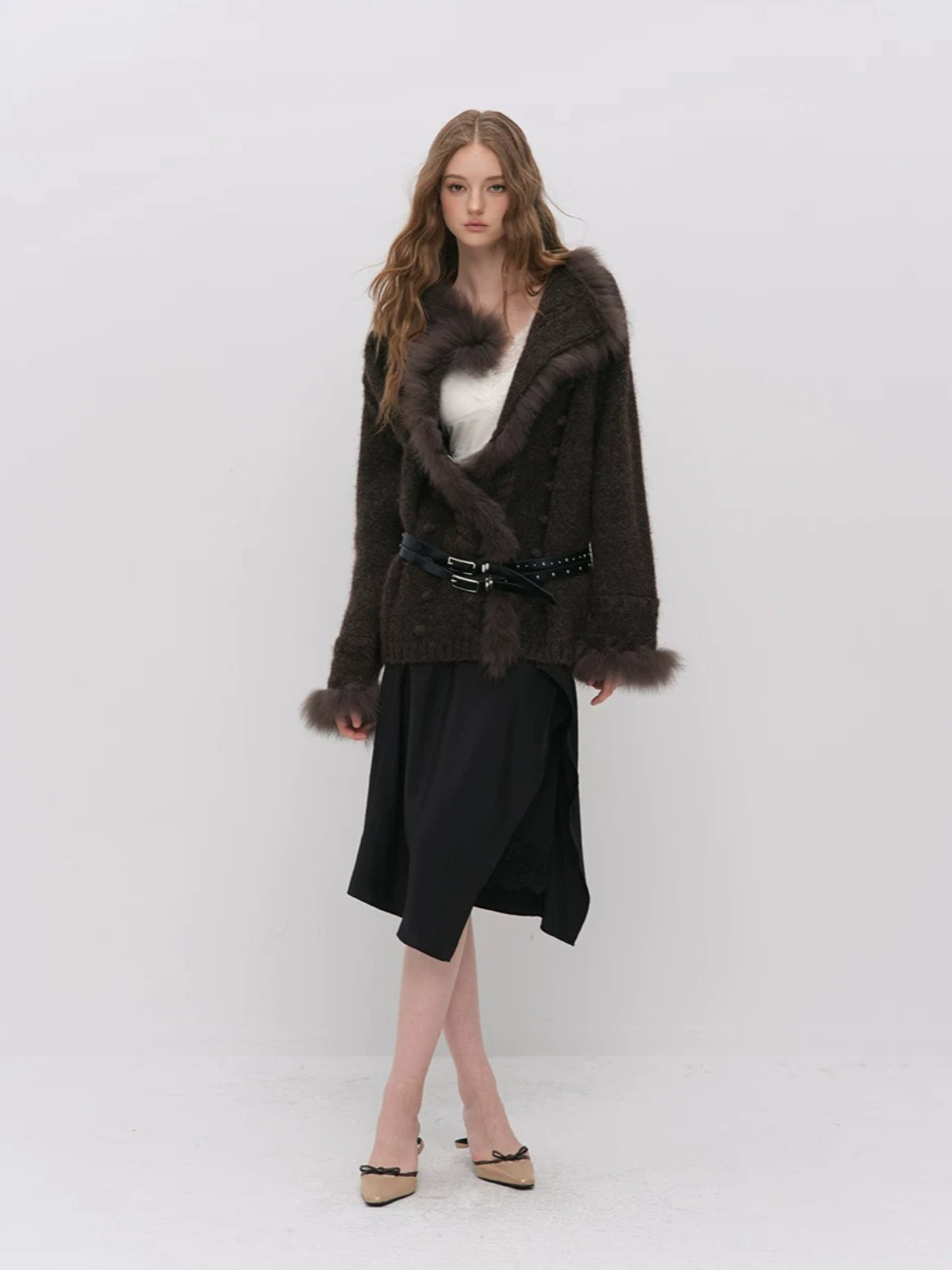 Fox Fur Trim Knit Coat