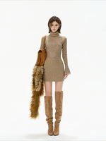 Camel Lace High Neck Knit Dress