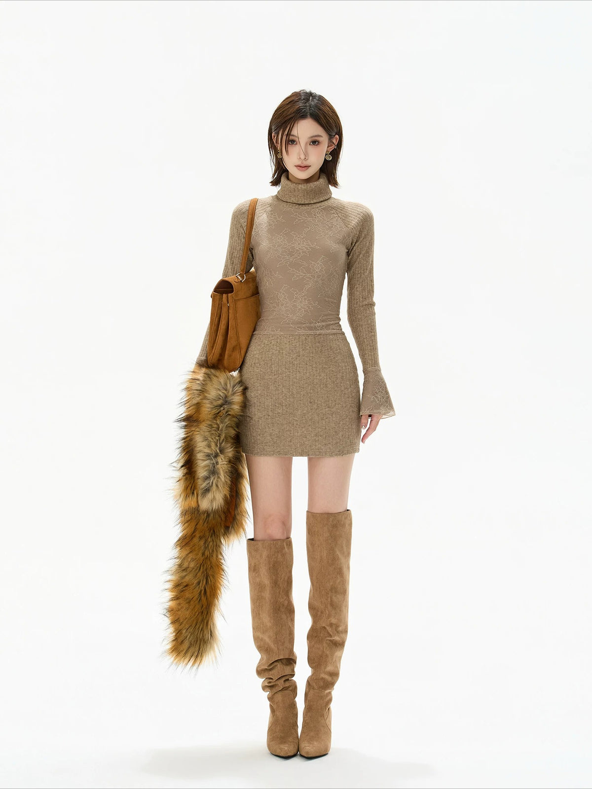 Camel Lace High Neck Knit Dress