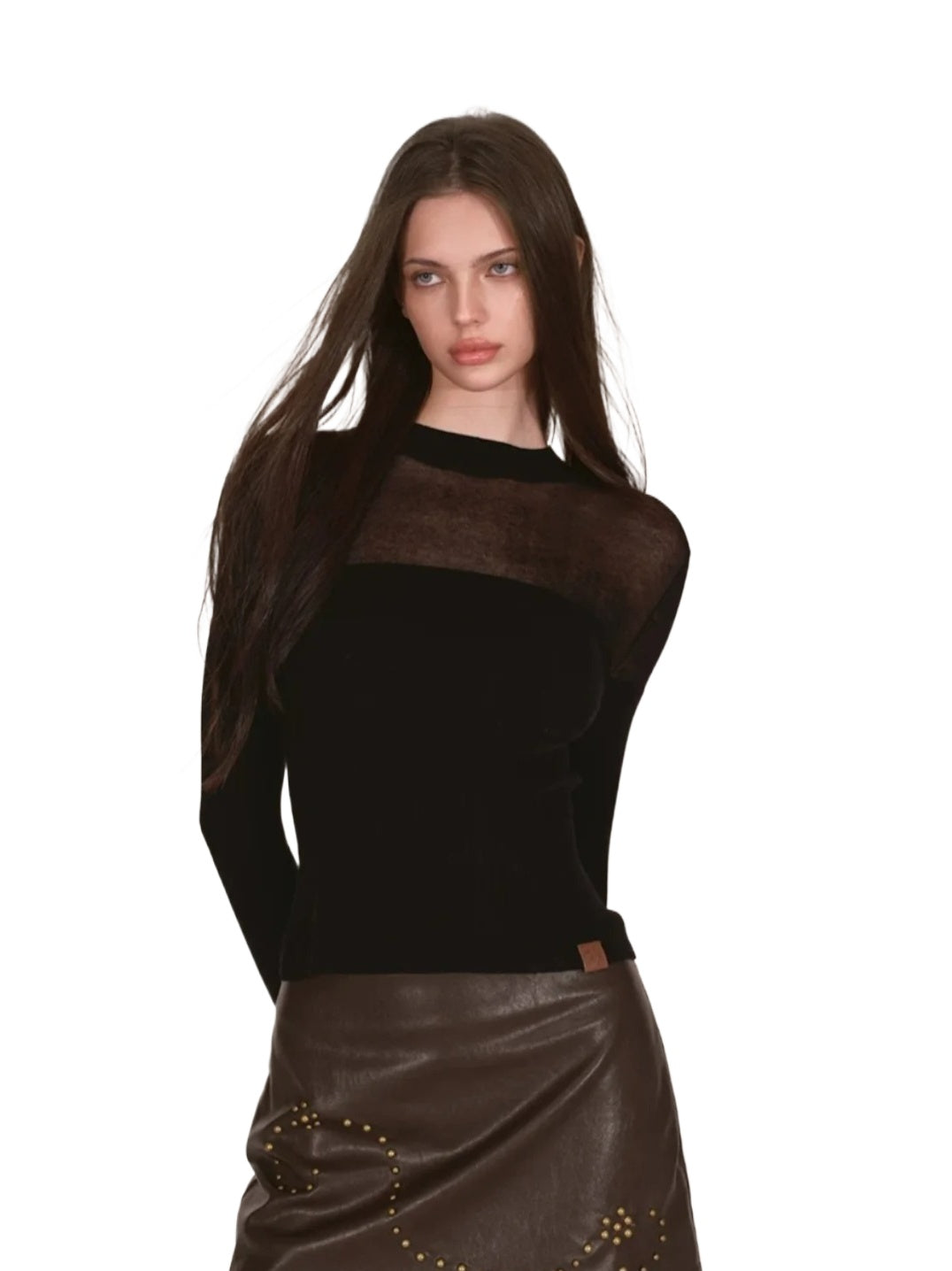 Sheer Mesh Mock Neck Fitted Knit Top