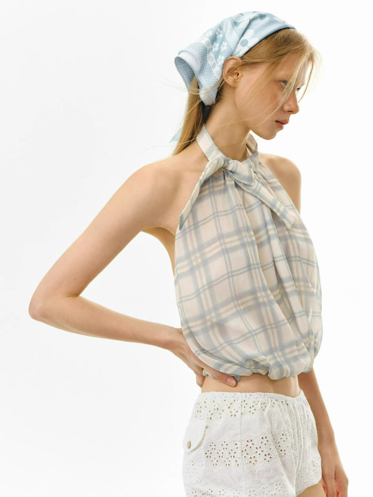 Blue Check Backless Bow Peplum Camisole Top