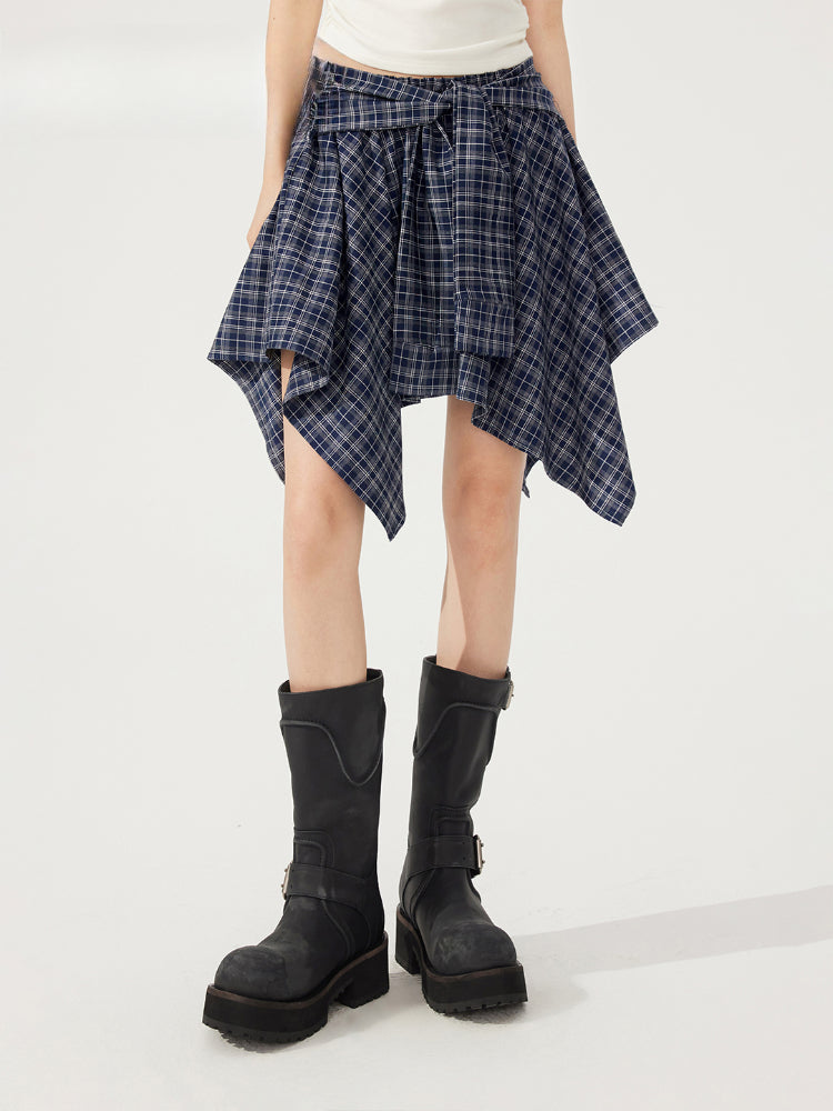 Plaid Tie Up Irregular Shirt Skirt