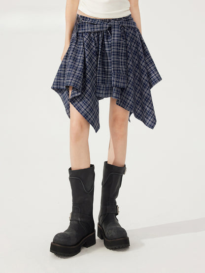 Plaid Tie Up Irregular Shirt Skirt