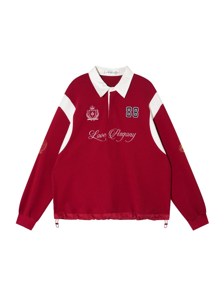 Contrast Collar Embroidered Drawstring Sweatshirt