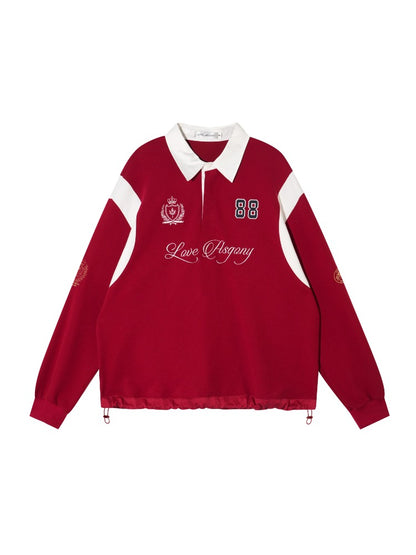 Contrast Collar Embroidered Drawstring Sweatshirt