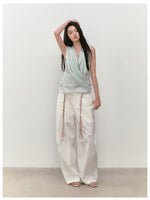 Wide-Leg Beaded Cargo Large Pockets Pants