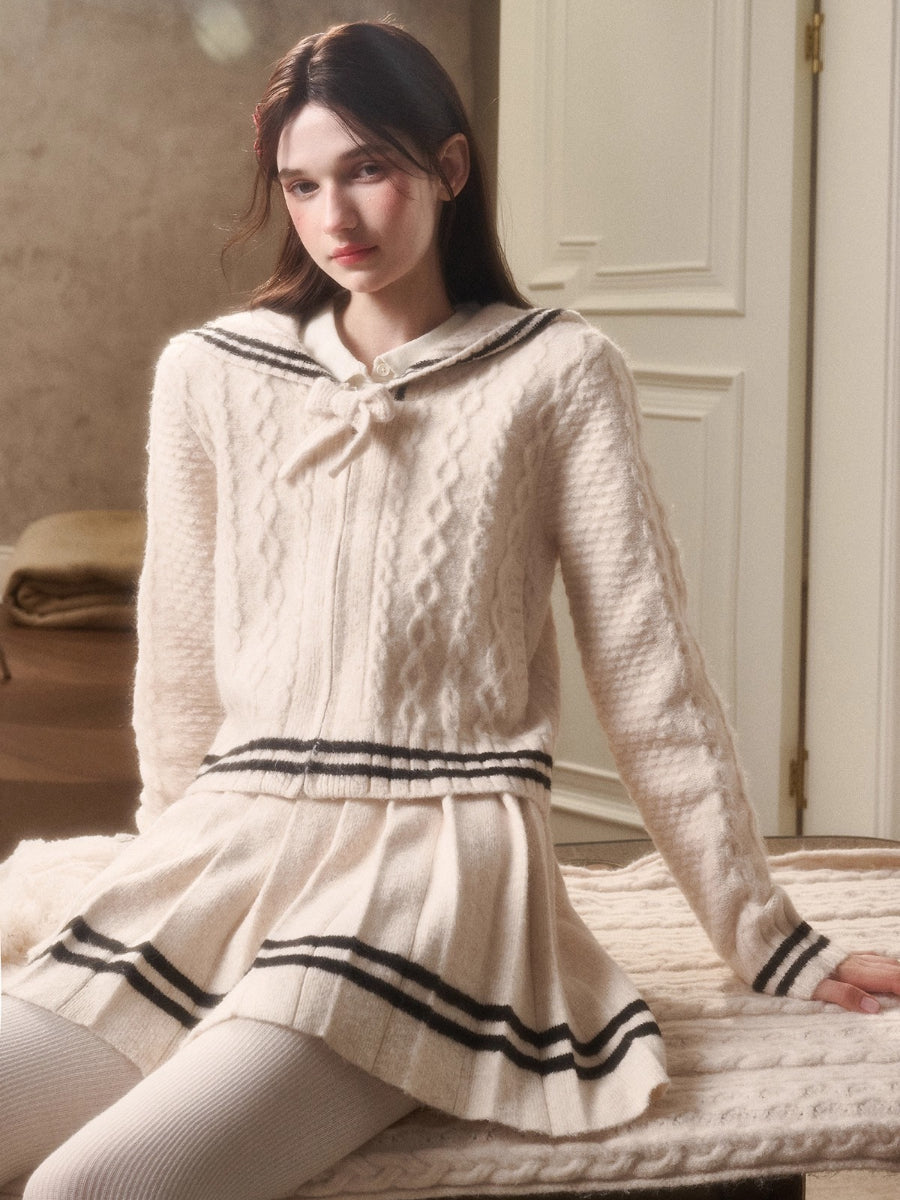 White Philosophy Wool Cloud Cable-Knit Cardigan &amp; Skirt Set