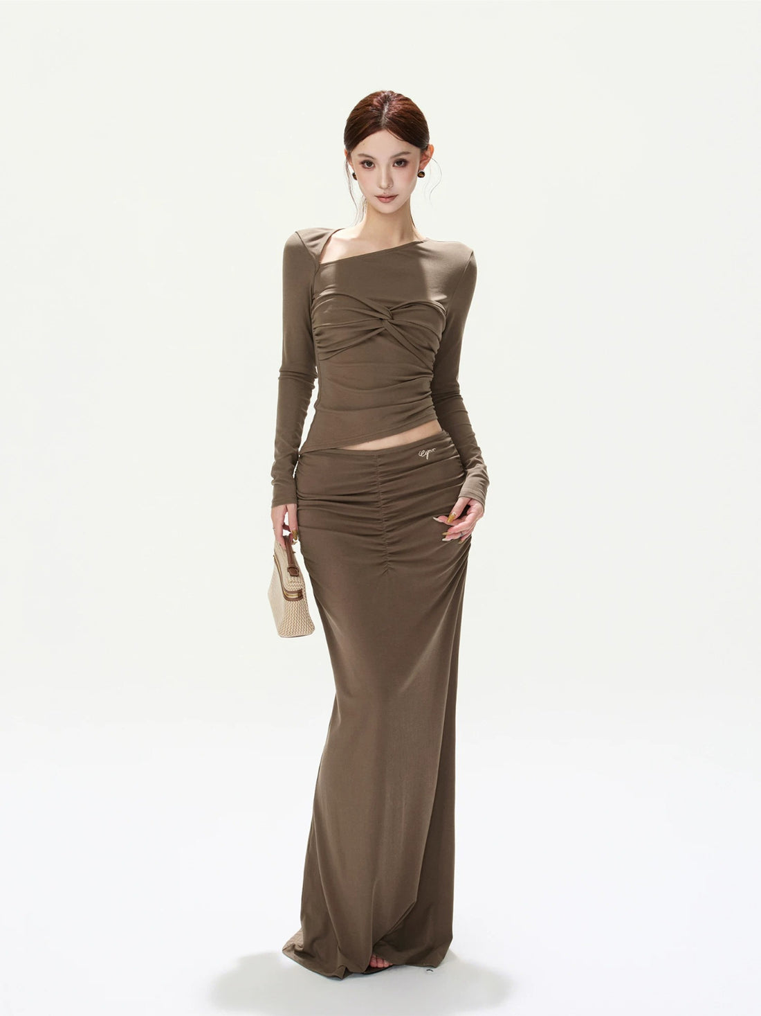 Retro Knit Off-Shoulder Top &amp; Ruched Skirt Set