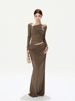 Retro Knit Off-Shoulder Top & Ruched Skirt Set
