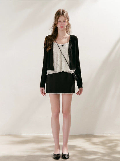 Black Lace Trim Knit Cardigan