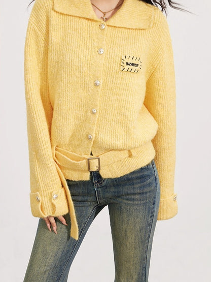 Collared Belted Knit Cardigan