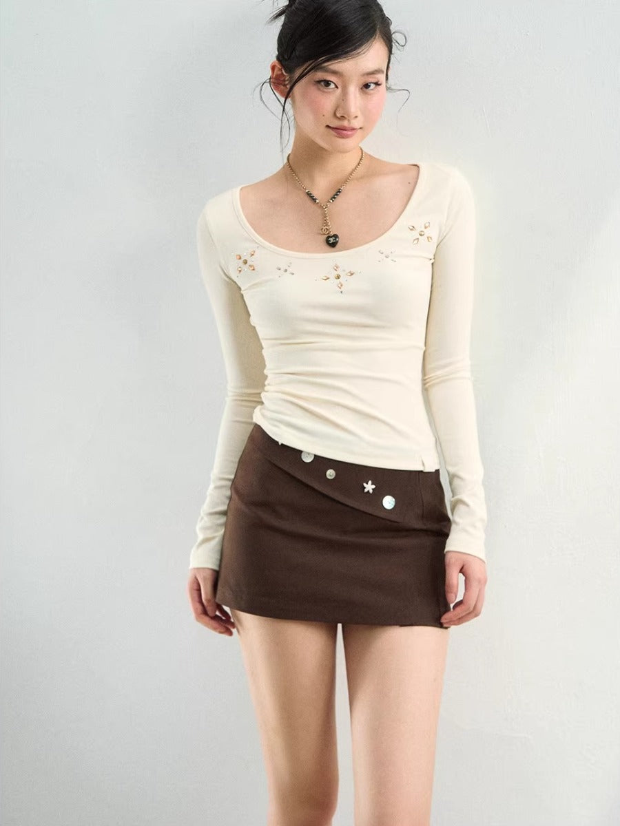 Rhinestone Knit U-Neck Tee