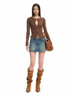 Vintage Washed Twill Patchwork Leather Straight Short Skirt