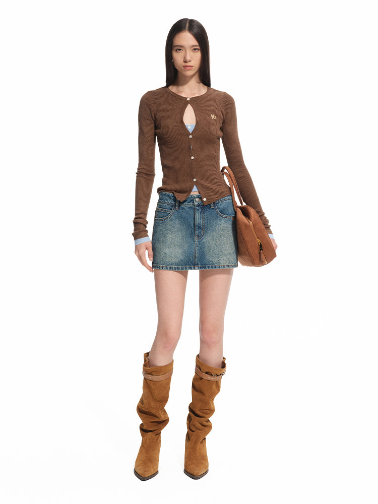 Vintage Washed Twill Patchwork Leather Straight Short Skirt