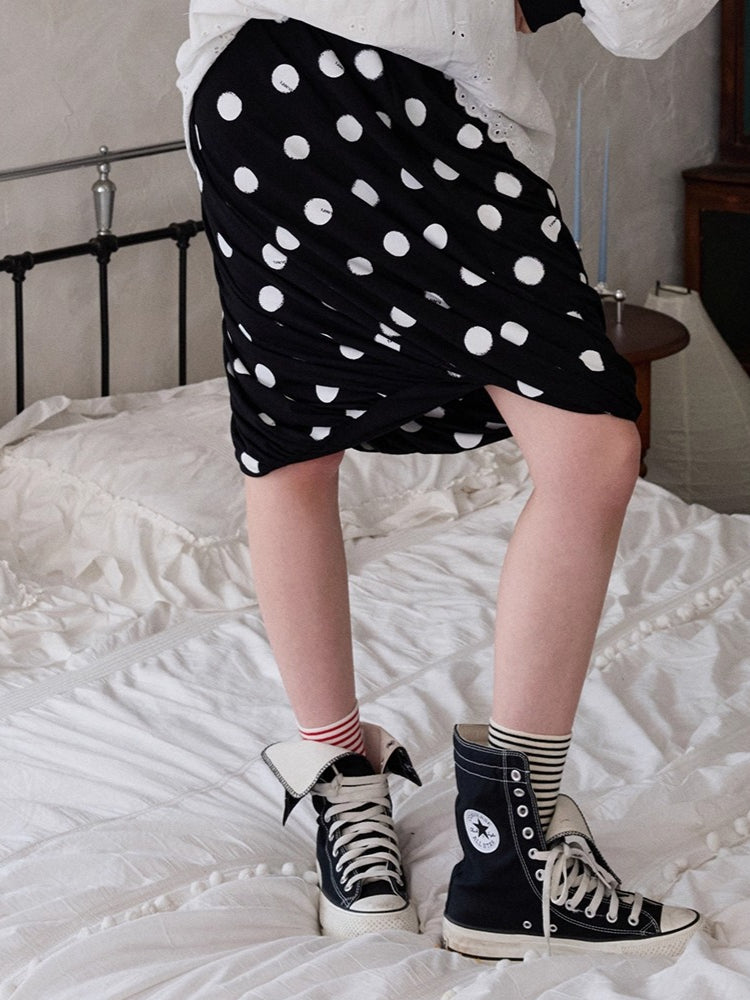 Polka Dot Contrast-Knot Bubble Midi Skirt