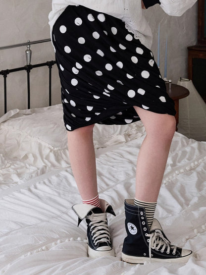 Polka Dot Contrast-Knot Bubble Midi Skirt