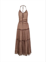Vintage Brown Plaid Halter Maxi Dress