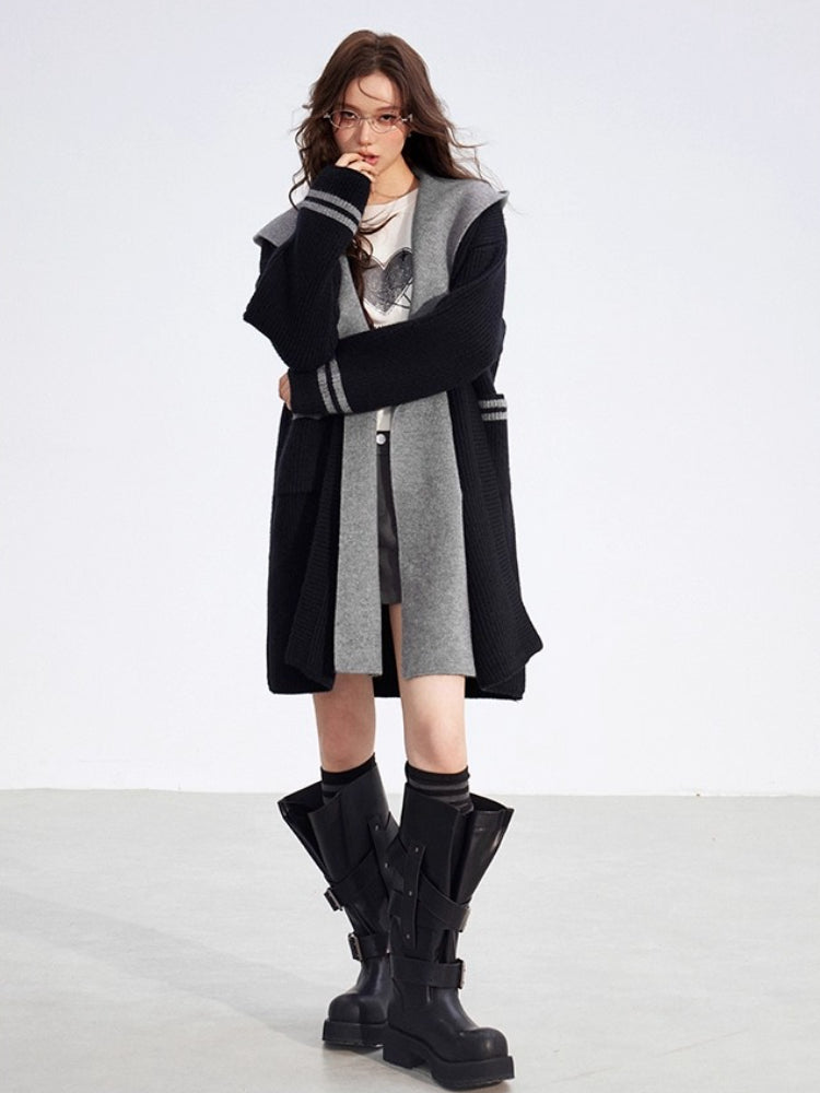 Detachable Collar Long Knit Coat