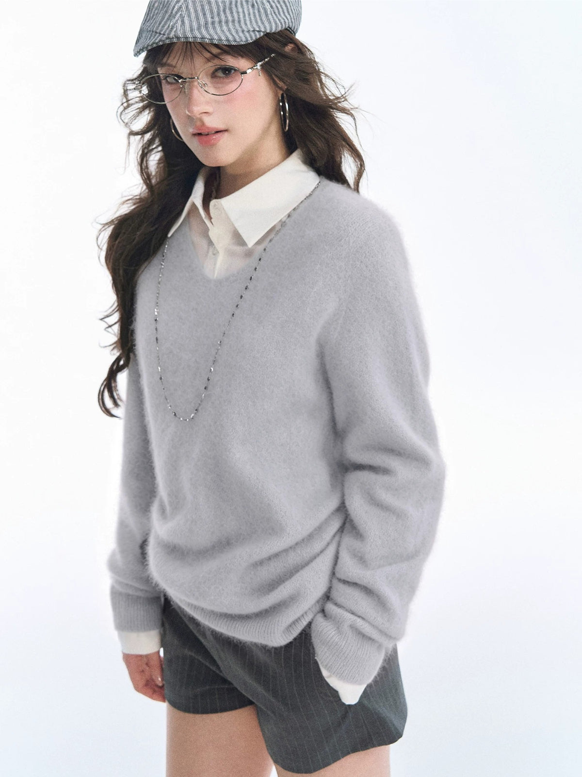 Seamless V Neck Silk Wool Sweater