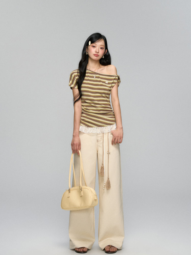 Striped Lace-Spliced Asymmetric-Shoulder T-shirt