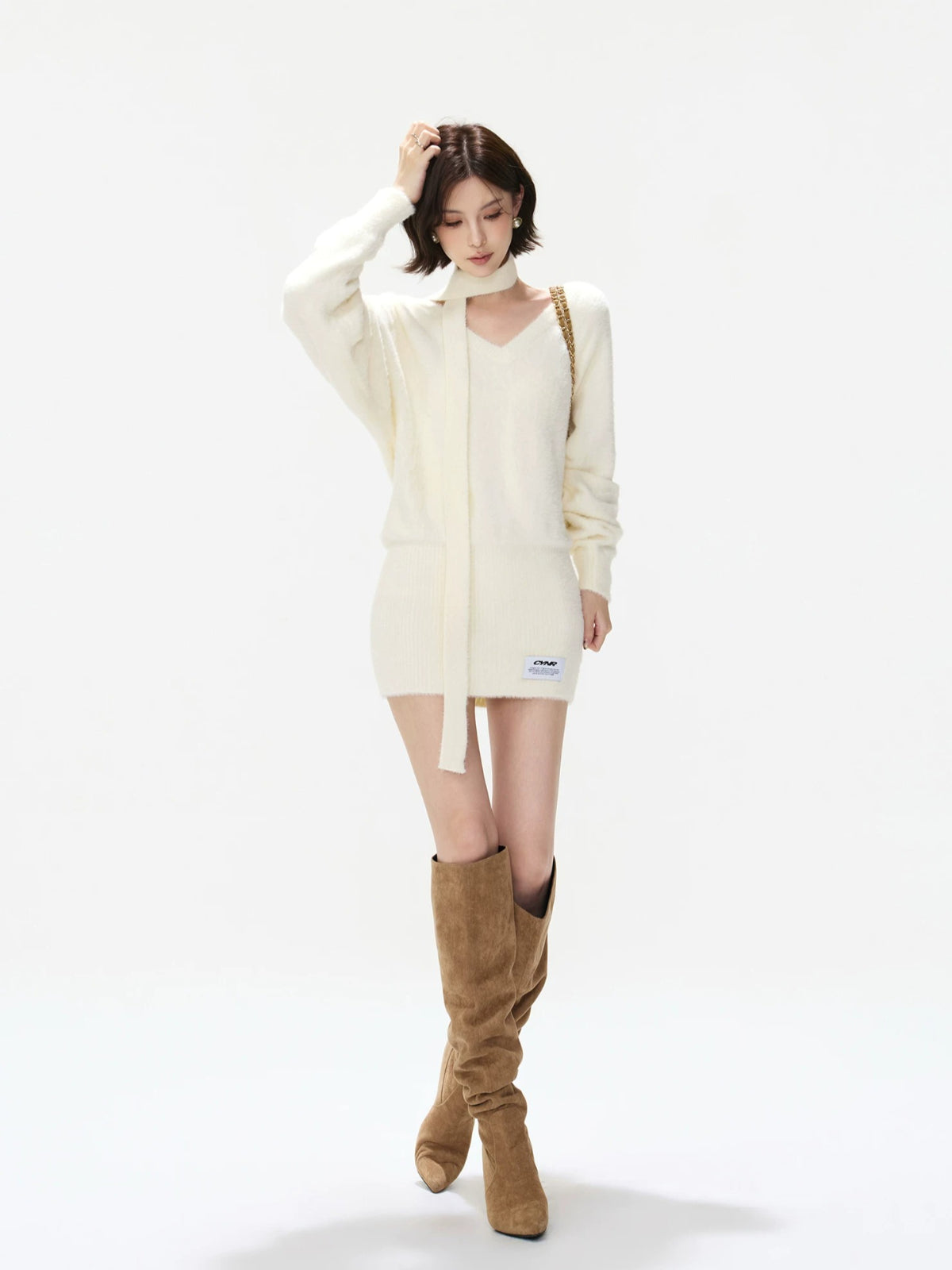 Convertible V Neck Fuzzy Knit Sweater