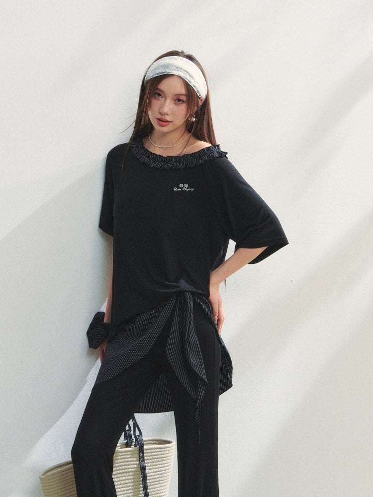 Checkered Asymmetric Shoulder Short-Sleeve T-Shirt &amp; Pants Set