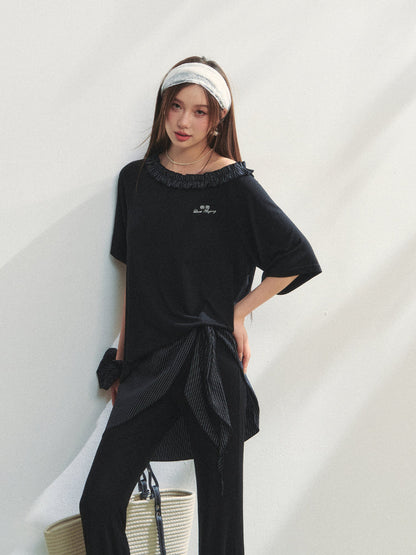Checkered Asymmetric Shoulder Short-Sleeve T-Shirt &amp; Pants Set