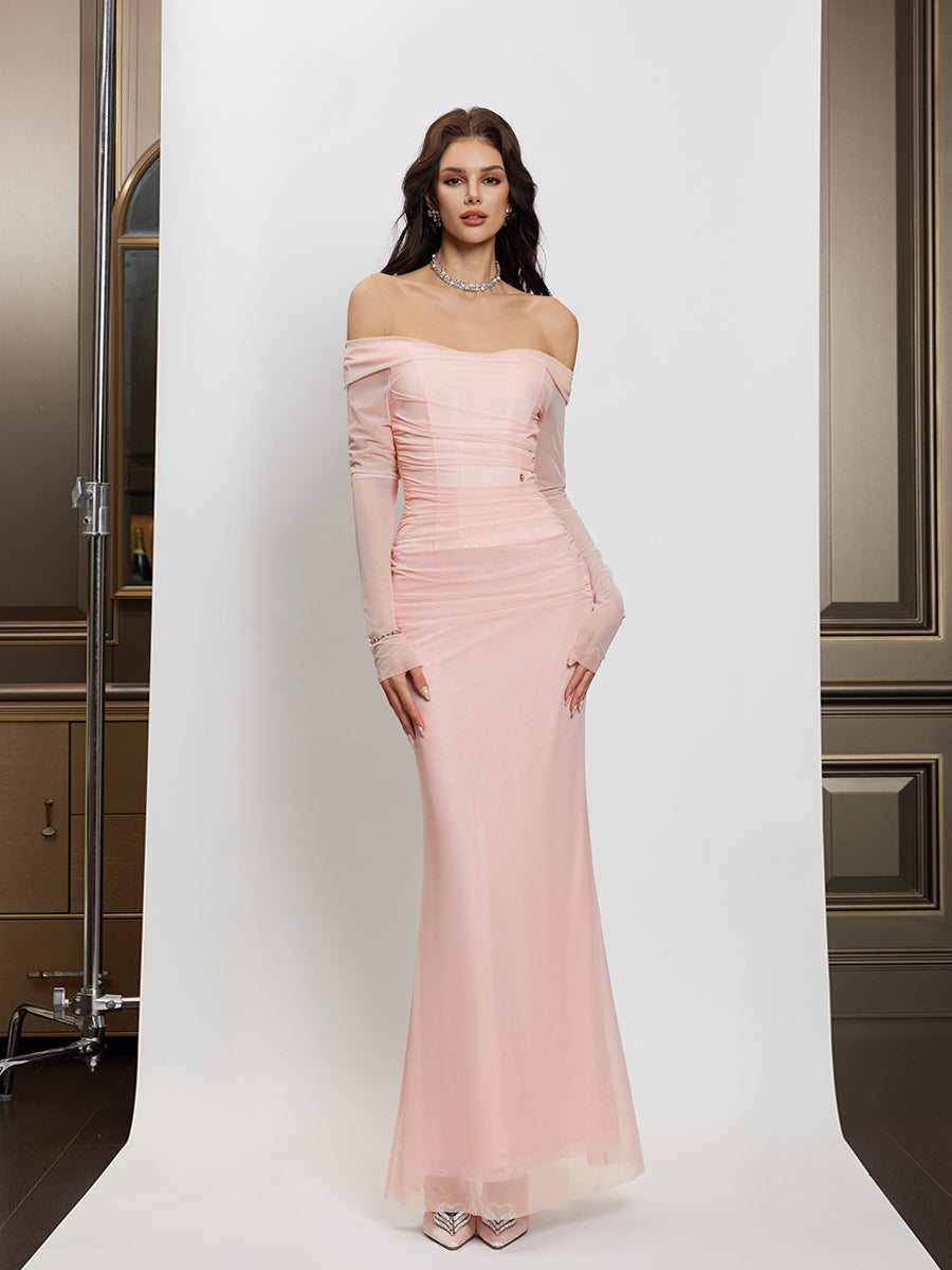 Off-Shoulder Mesh Corset Gown