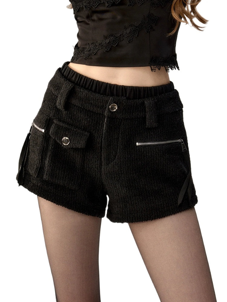 Black Double-Layer Patchwork 2-in-1 Shorts