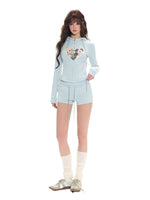 Blue Printed Slim Hoodie & High-Waist Shorts Set