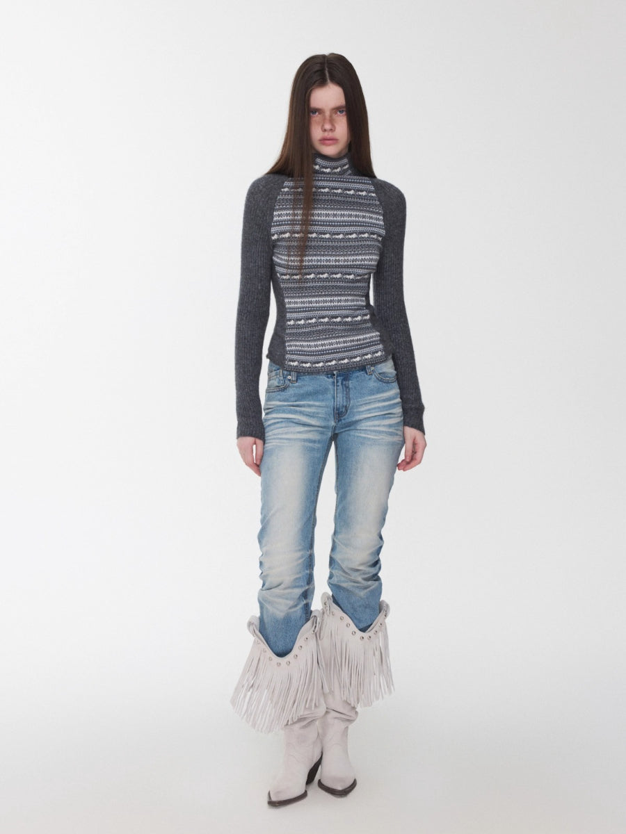 Fair Isle Turtleneck Raglan Sleeve Colorblock Knit Base Layer