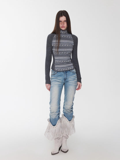Fair Isle Turtleneck Raglan Sleeve Colorblock Knit Base Layer