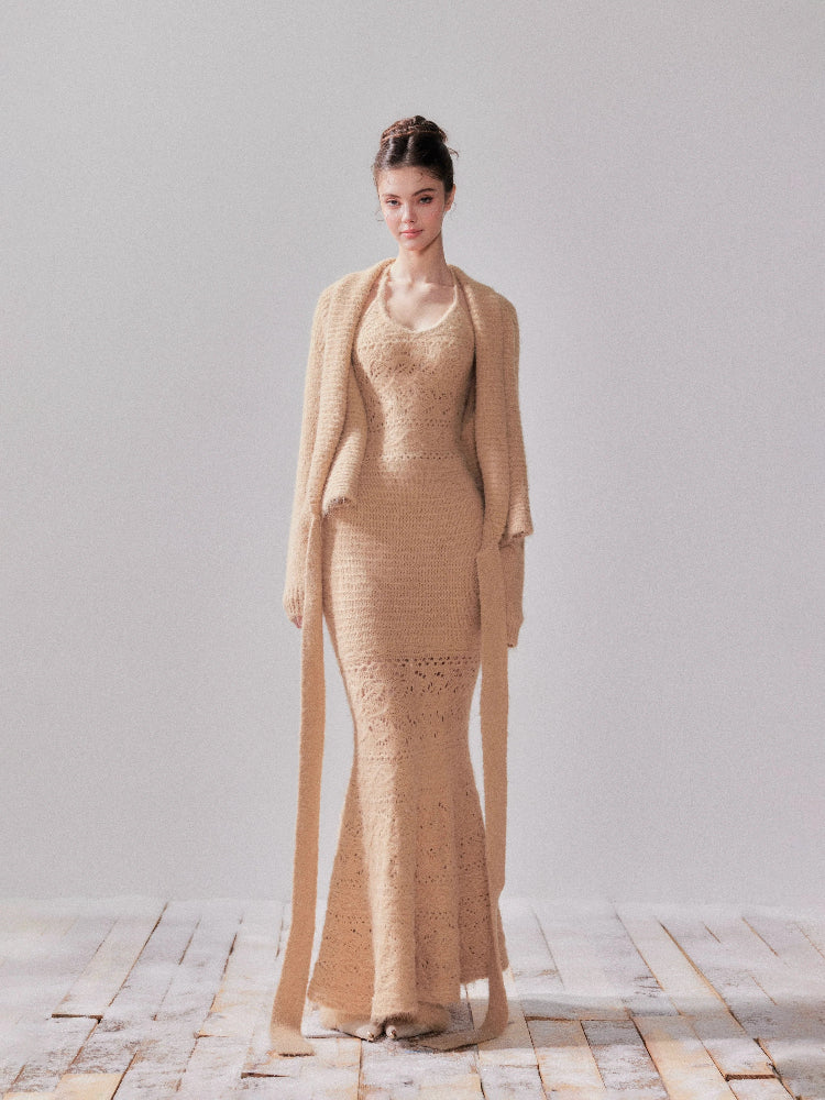 Fishtail Pencil Dress &amp; Hollow Knit Cardigan  Set