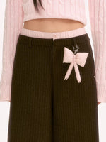 Brown Double-Waist Stripe Wide-Leg Pants