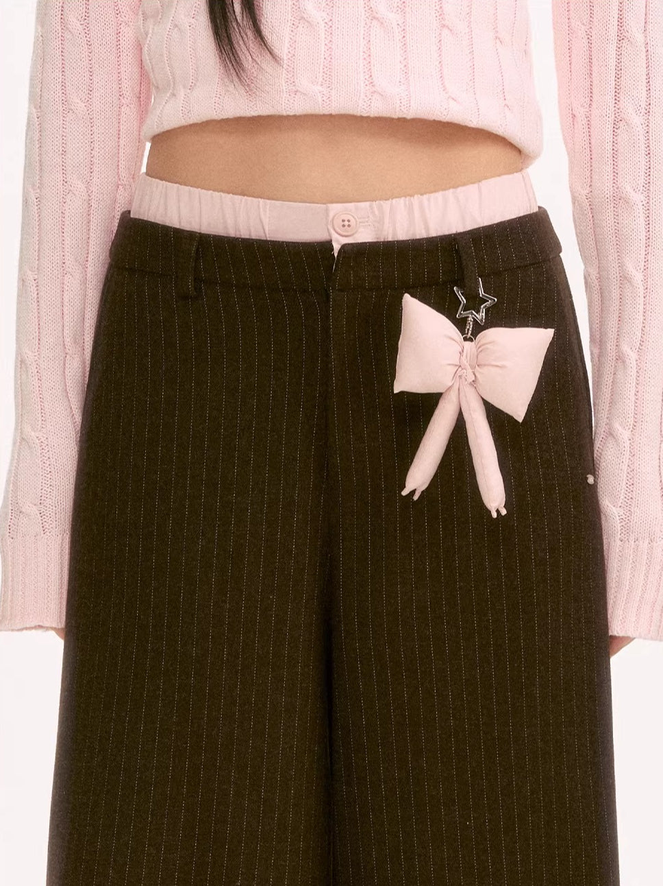 Brown Double-Waist Stripe Wide-Leg Pants