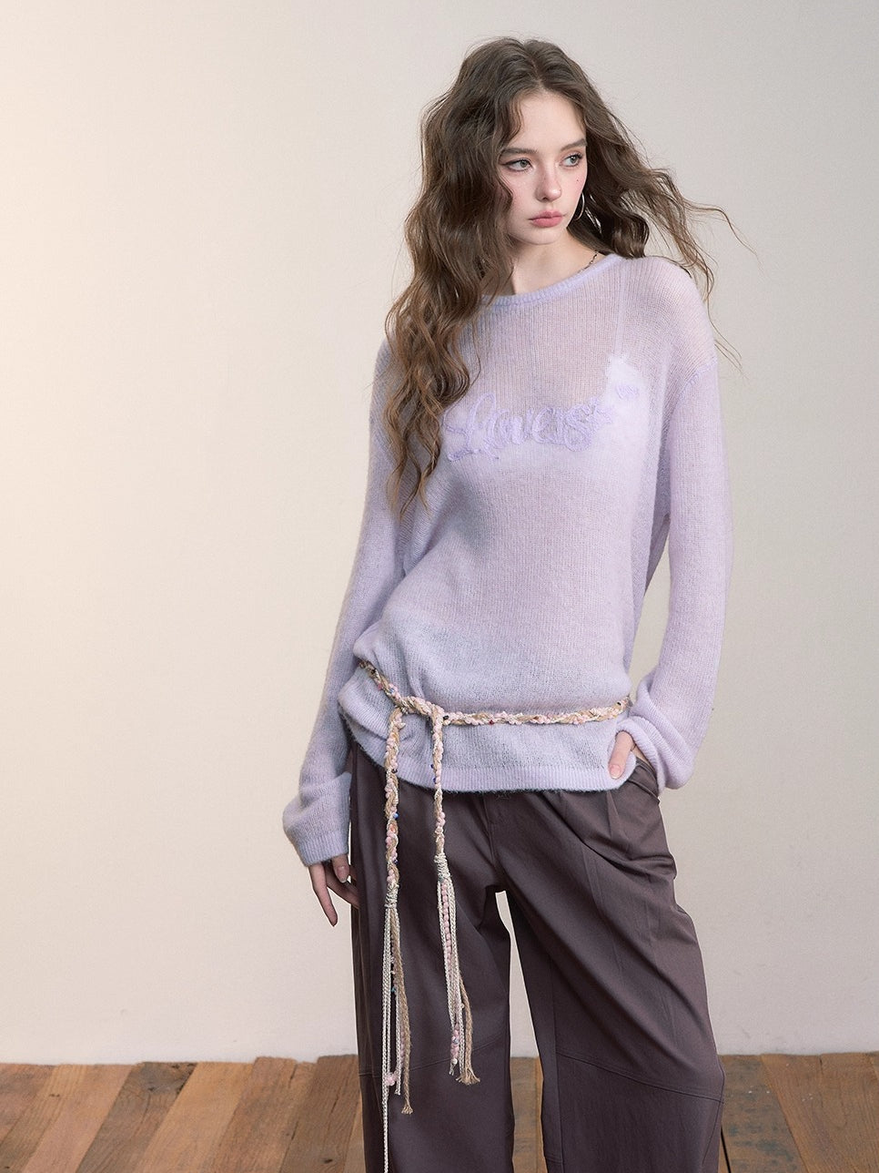 Embroidered Loose Knit  Crewneck Pullover