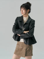 Pleated Curved-Hem Leather Jacket