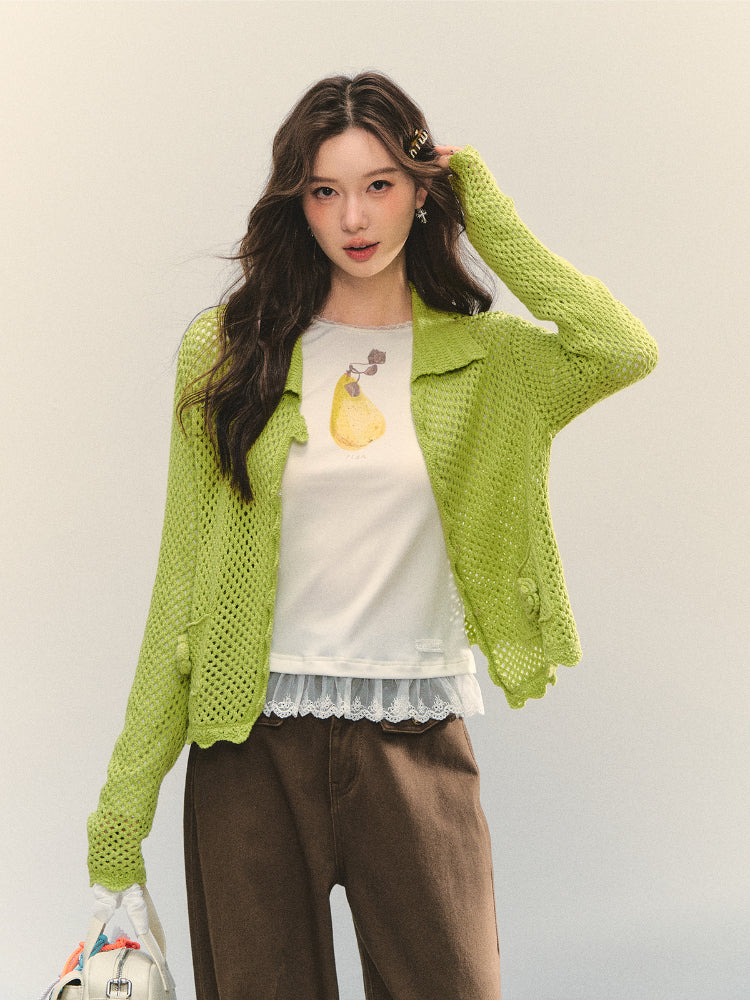 Hollow-out 3D Flower Crochet Lapel Cardigan