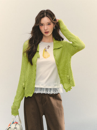 Hollow-out 3D Flower Crochet Lapel Cardigan