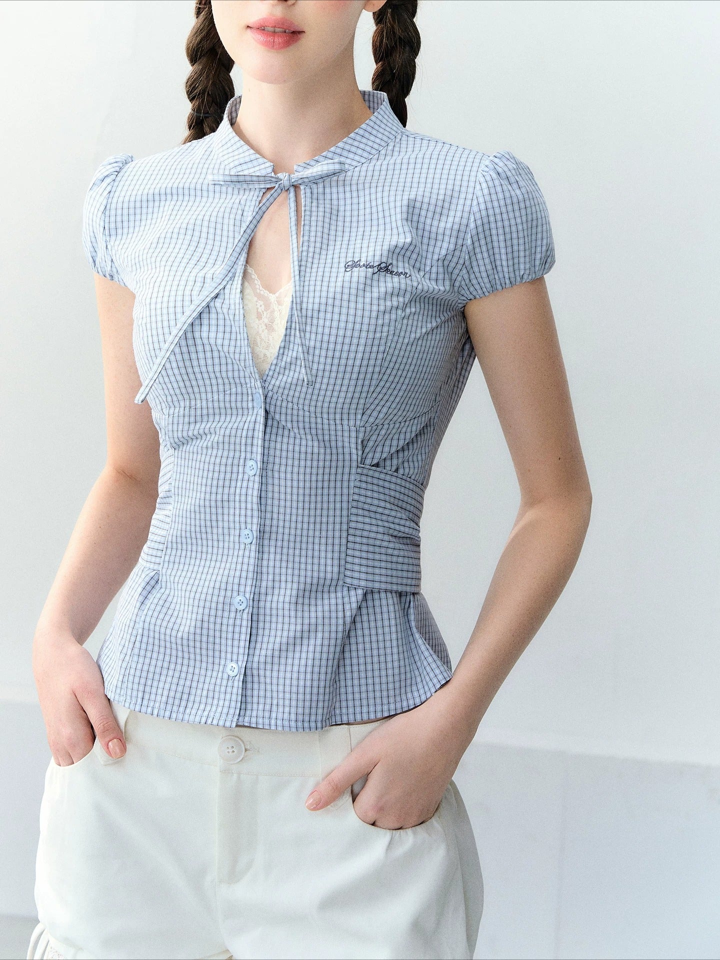 Vintage Plaid Cutout Blouse