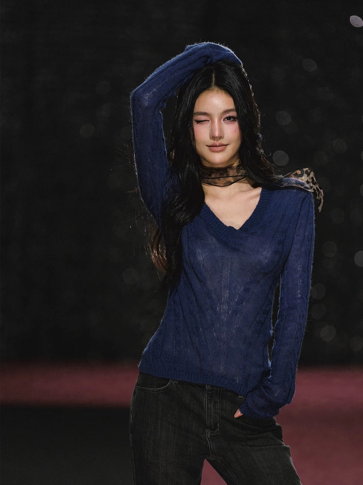 Slightly Sheer V Neck Cable Knit Sweater