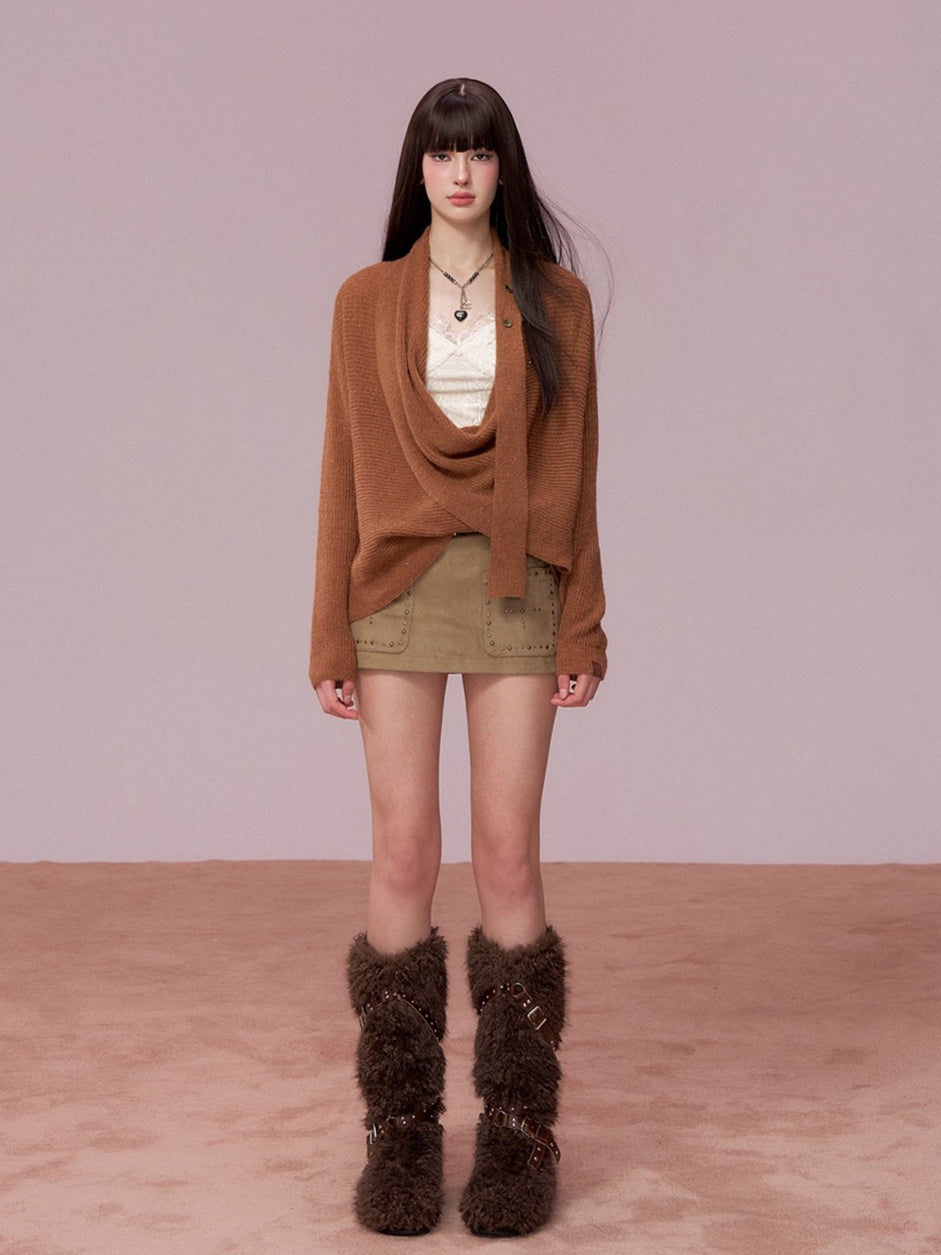 Shiny Design Cowl Neck Wool Knit Sweater