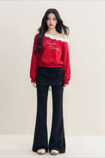 Red Pearl Ruffle Off-Shoulder Sweatshirt